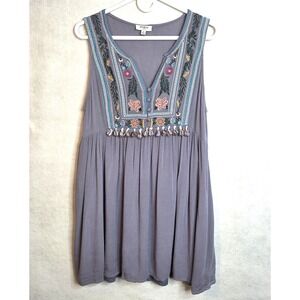 Umgee‎ Boho Embroidered Tassels V Neck Sleeveless Tunic mini Dress Size M